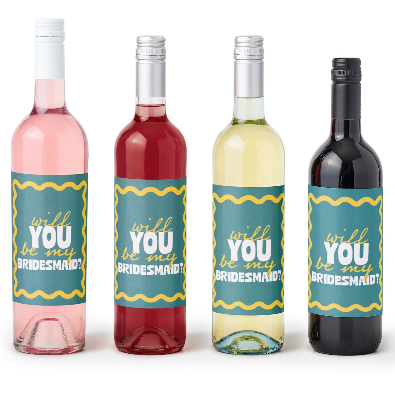 Big Dot of Happiness Teal Green and Yellow Wavy Will You Be My Bridesmaid Wine Labels for Bottles Retro Bridesmaid Proposal Bridal Stickers - Set of 4